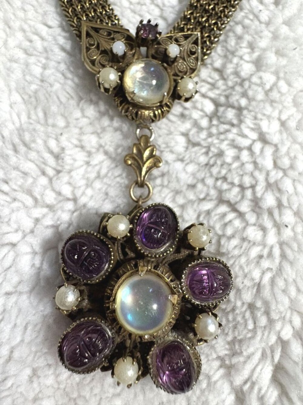 Vintage Egyptian Revival Scarab Necklace Purple Lucite Glass Filigree Mesh Chain